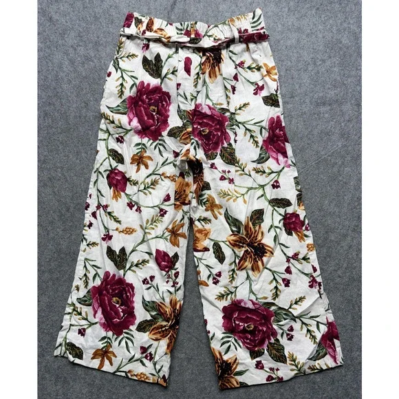 Joie Pants Womens 4 Pink White Floral Linen Blend Wide Leg Paperbag Waist Crop - Picture 12 of 14